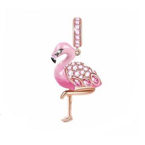 Gold Plated Sterling Silver Pink Flamingo with Enamel and Cubic Zirconia Charm